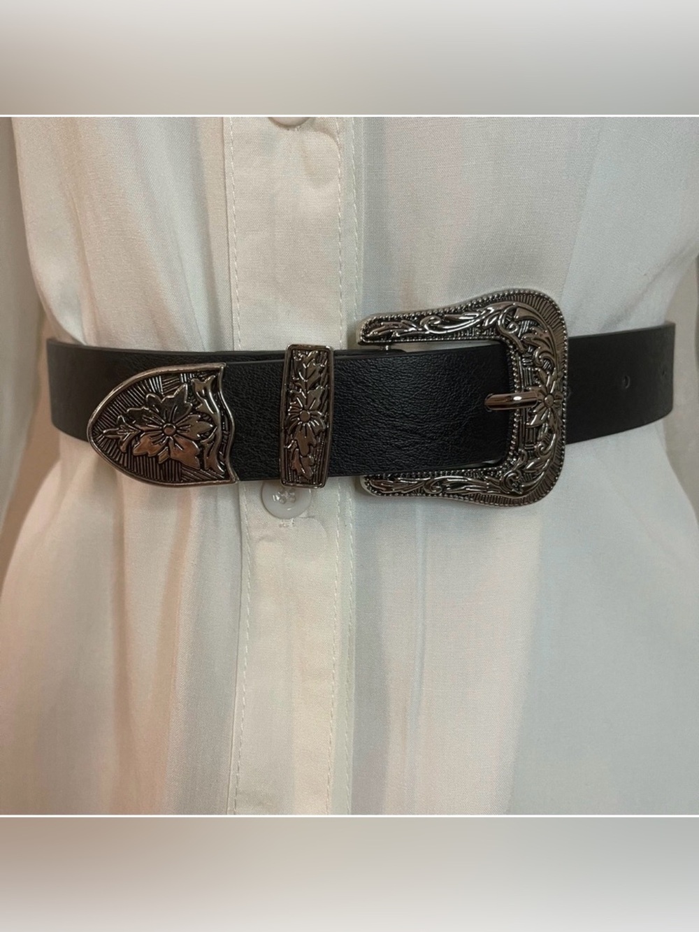 Black PU silver tone buckle skinny belt